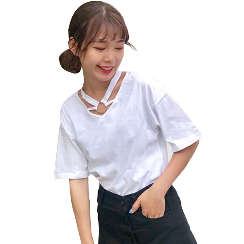 夏装女装韩版宽松V领镂空挂脖短款纯色短袖T恤学生基础款体恤上衣黑色均码