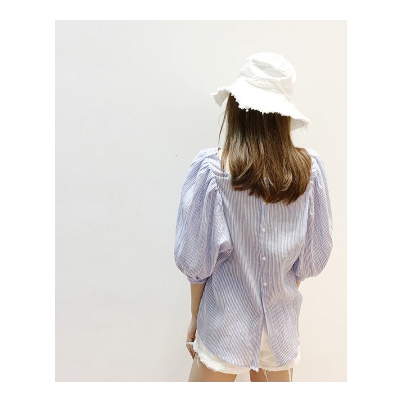 付臭美2018夏装新款韩版条纹一字领漏锁骨短袖衬衫女休闲百搭上衣 条纹 均码