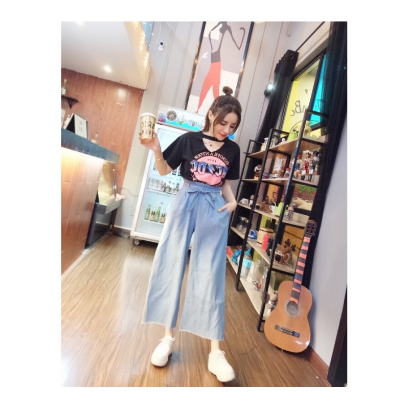 时尚套装女两件套潮2018新款百搭宽松显瘦洋气牛仔阔腿高腰花苞裤图片色
