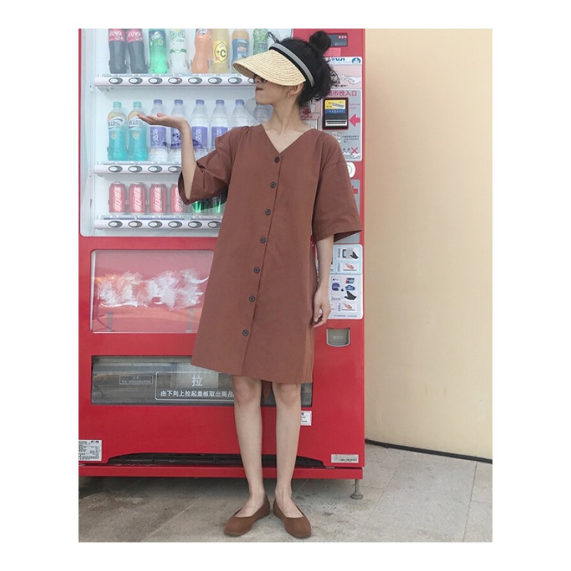 夏装女装韩版中长款宽松V领后腰系带短袖衬衫连衣裙长裙学生显瘦杏色均码