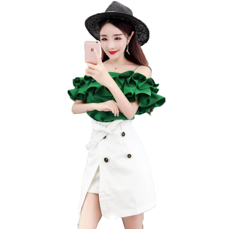 2018夏装韩版时尚名媛气质一字肩上衣高腰修身显瘦短裙套装图片色