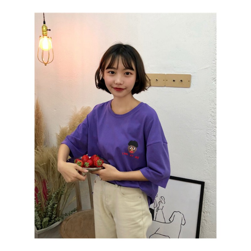 春夏女装韩版学院风宽松百搭可爱卡通字母圆领短袖T恤打底衫上衣紫色均码