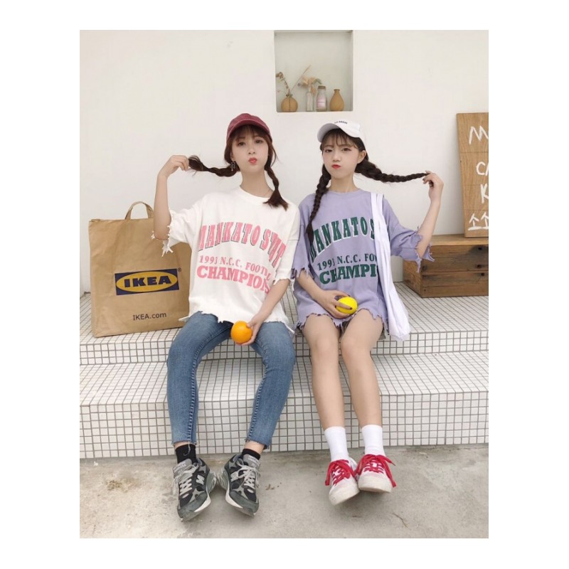 夏装女装2018新款韩版宽松百搭个性不规则毛边字母短袖T恤上衣潮白色均码