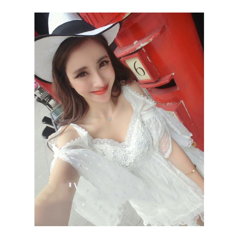 性感夜店蕾丝喇叭袖修身显瘦连衣裙2018春夏露肩甜美日系公主潮女 白色 均码