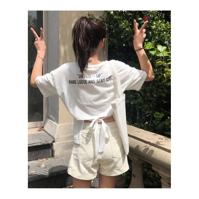 里小姐~夏装女装韩版宽松短袖字母印花小心机露背上衣T恤潮黑色均码