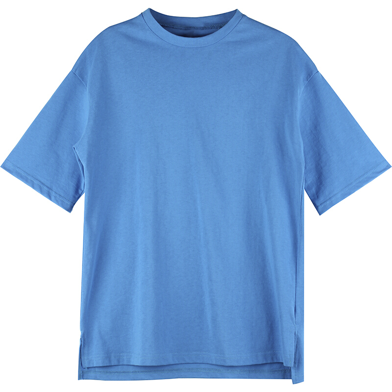 付臭美2018夏装新款韩版圆领前短后长短袖T恤女中长宽百搭上衣 时尚蓝 均码