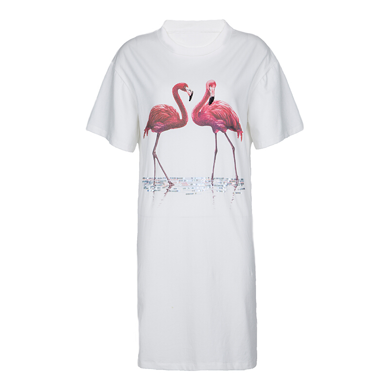 2018春夏新款火烈鸟T恤女中长款裙下衣失踪短袖圆领宽松印花亮片T白色