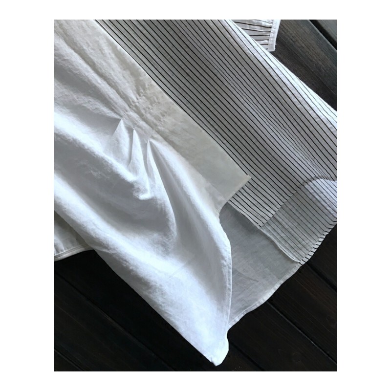 韩版夏2018条纹拼接短袖T恤简约雪纺中长款圆领打底衫女清凉时尚白色均码