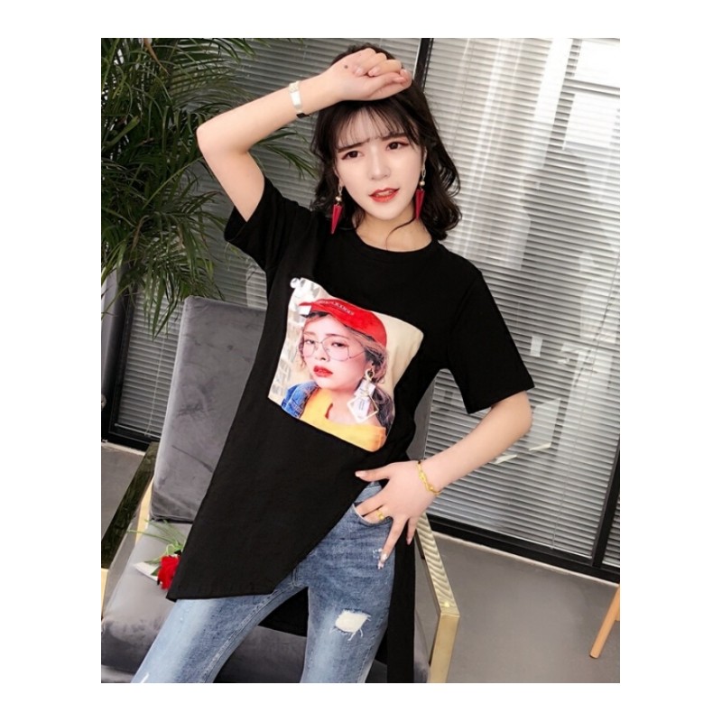 2018夏季新款韩版上衣中长款字母印花开叉纯棉宽松打底短袖T恤女 黑色 均码