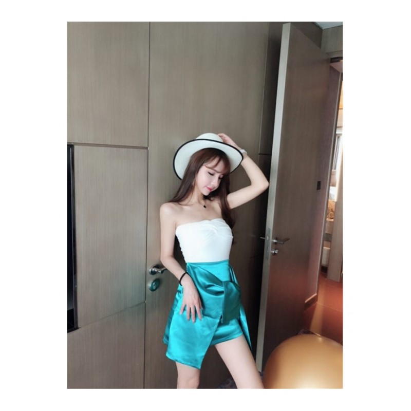 2018夏季时尚新款韩版修身针织抹胸上衣+蝴蝶结系带高腰半身裙潮白衣+绿色半裙