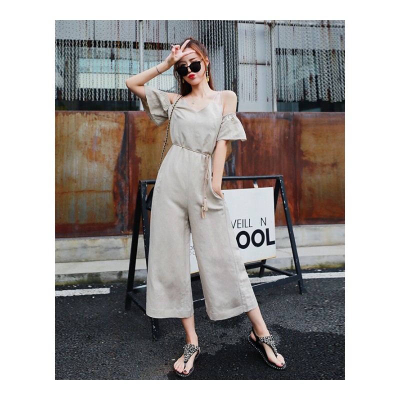 阔腿裤套装女2018春装新款时尚韩版露肩带短袖休闲连体裤女潮卡其色