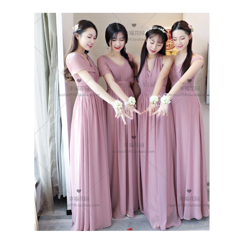 2017秋冬新款伴娘服姐妹裙粉色一字肩长款显瘦伴娘团年会晚礼服女E1XS图片色