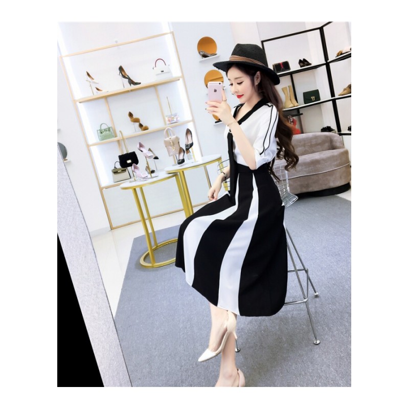 套装女夏时尚气质新款小香风撞色飘带上衣+黑白撞色修身高腰伞裙图片色