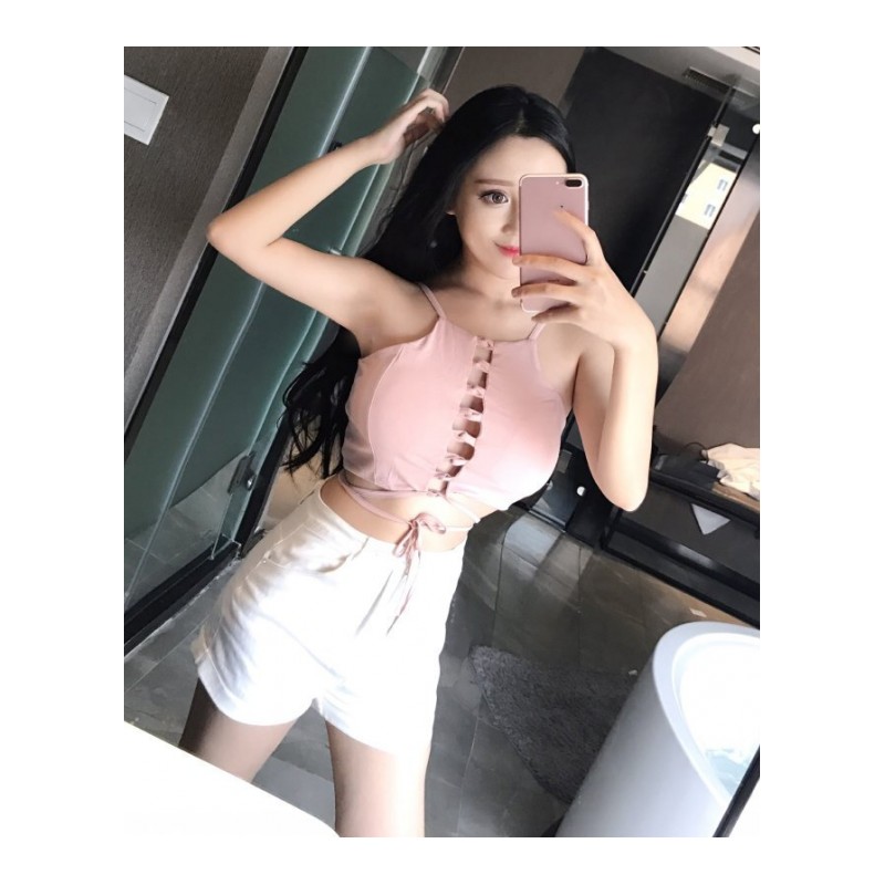时尚新款女装2018夏装韩版镂空交叉绑带带背心短款露脐打底上衣白色均码