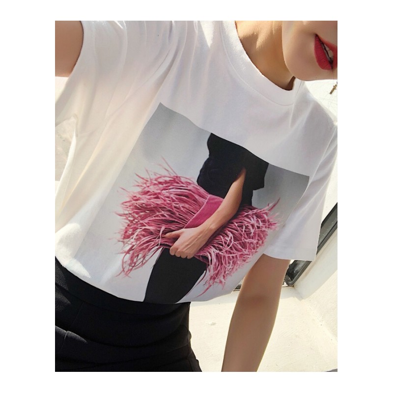 夏装女装2018新款上衣潮 韩版百搭休闲印花圆领白色短袖T恤女夏 白色 均码