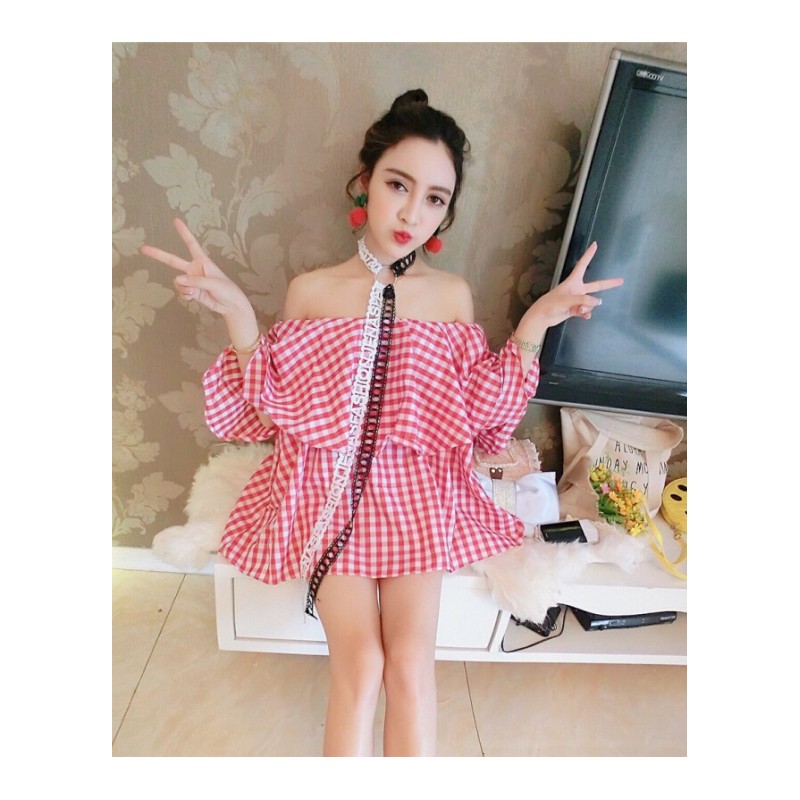 2018夏装新款时尚性感荷叶边裹胸一字领露肩两穿挂脖百搭上衣女装红格子均码