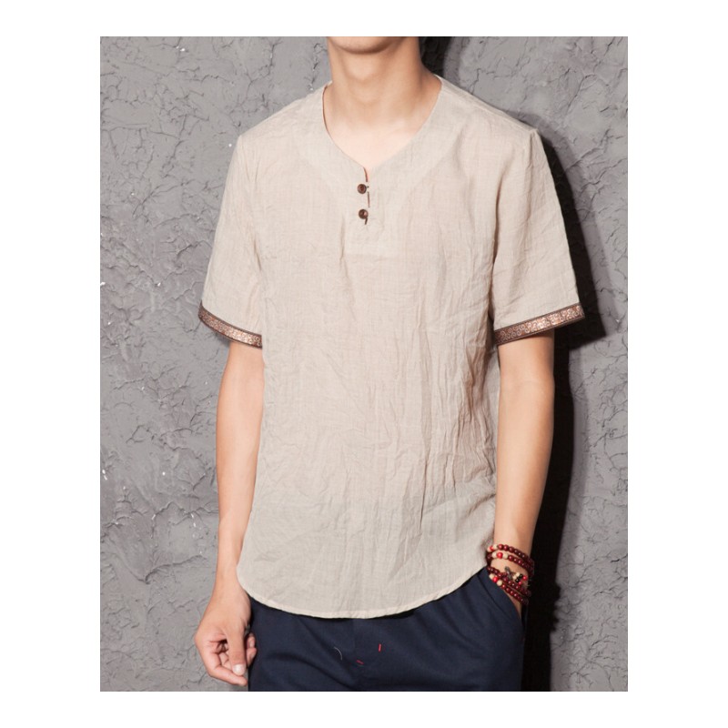 夏天仿棉麻亚麻短袖T恤男装宽松半截袖体恤衫中国风大码上衣服V潮白色H701(短袖)
