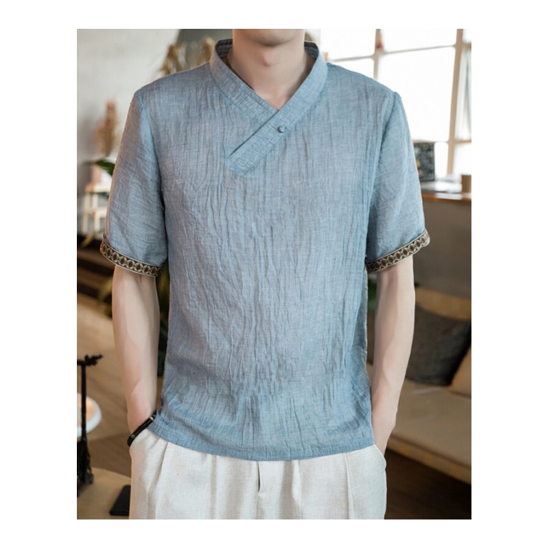 夏季复古中国风短袖T恤男装宽松加大码半袖体恤2018新款亚麻T衣服藏青色602