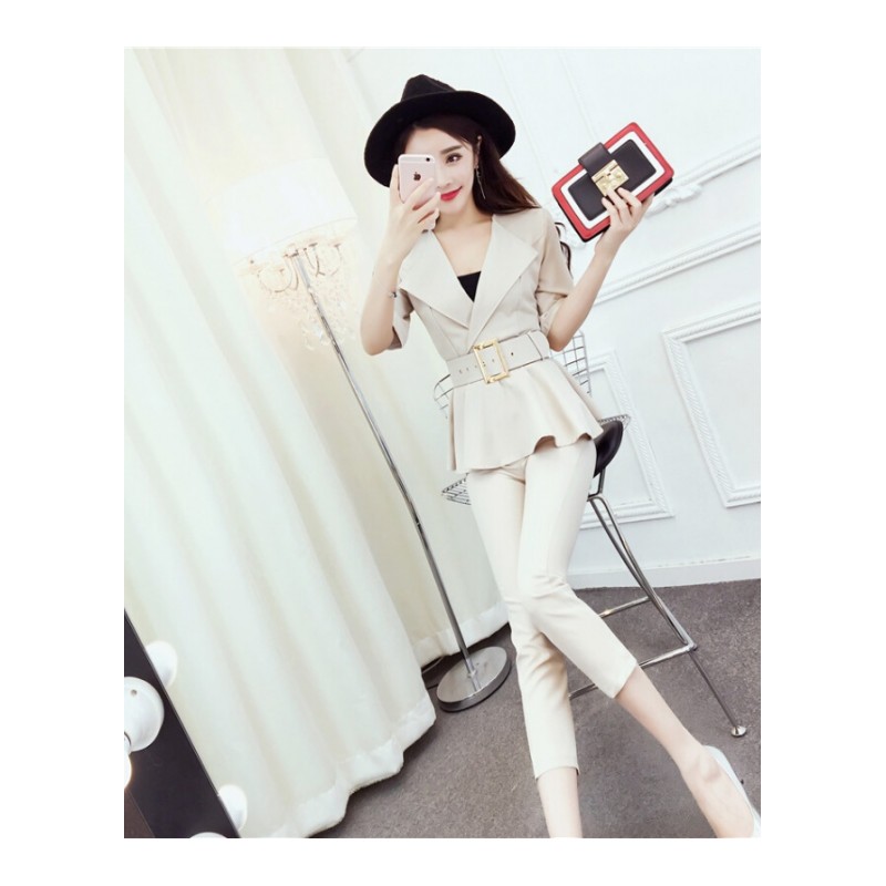 2018夏季女装新款时尚气质短袖修身V领上衣+修身九分裤两件套装潮