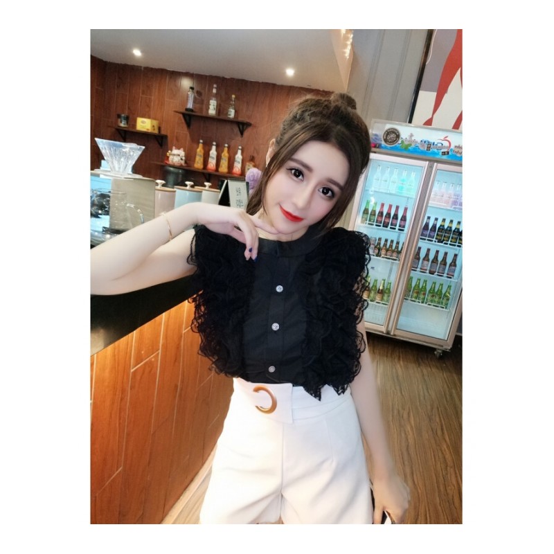 套装女夏新款韩版小清新花边排扣无袖上衣+高腰修身短裤两件套潮