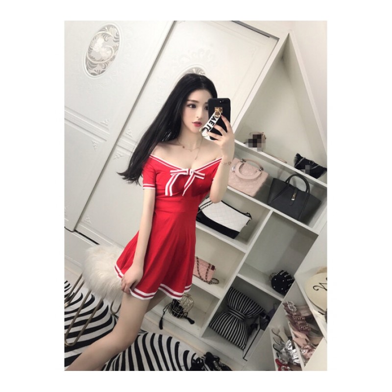 V领修身小性感蝴蝶结收腰紧身大摆连衣裙2018夏天韩版新款学院风