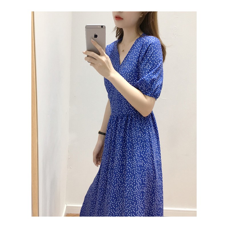 付臭美v领连衣裙2018新款夏季波点短袖收腰显瘦气质长裙少女裙子 蓝色 均码