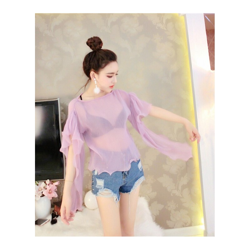 2018夏季新款时尚不规则波边压褶雪纺百搭上衣+休闲钉珠牛仔短裤