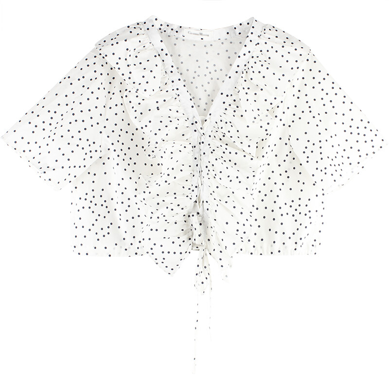 付臭美2018夏装新款韩版圆点系带短款宽松V领短袖衬衫休闲百搭 白色 均码