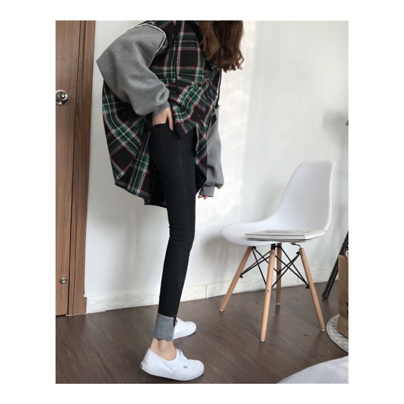 春装女装韩版修身显瘦弹力小脚裤撞色牛仔裤铅笔裤九分裤高腰裤子黑灰色
