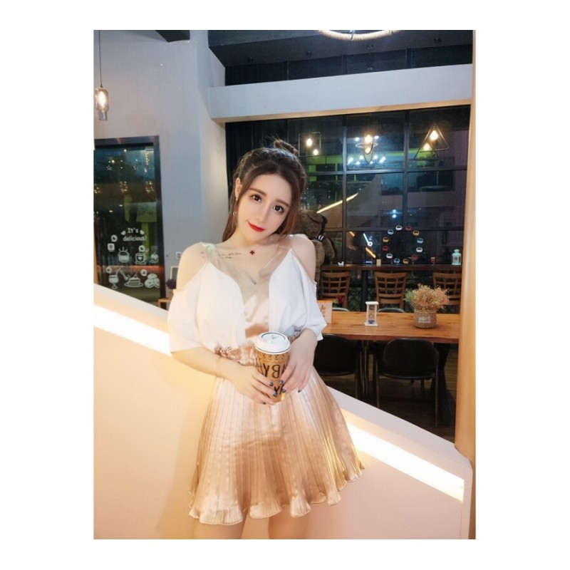 2018时髦套装新款韩版拼色V领带雪纺+百褶高腰花苞裙两件套女夏卡色均码