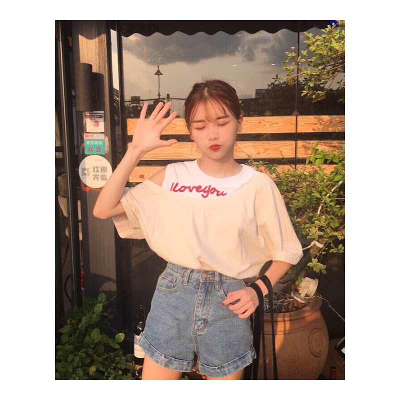 春夏女装韩版宽松字母刺绣个性拼接假两件短袖露肩T恤打底衫上衣黄色均码