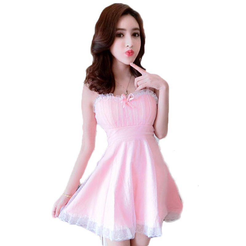 甜美可爱网纱收腰显瘦露背蝴蝶结夏季新款带抹胸连衣裙夜店女装白色均码