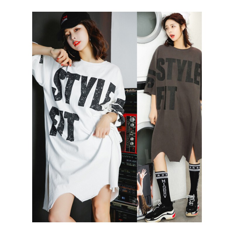 2018春夏新款大码开叉宽松中长款短半袖T恤裙女韩版休闲学生上衣咖啡色均码