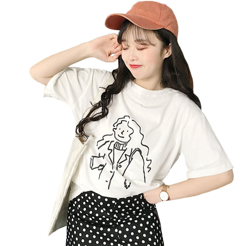 春夏女装韩版宽松百搭个性人物印花短袖T恤学生休闲打底衫上衣潮杏色均码