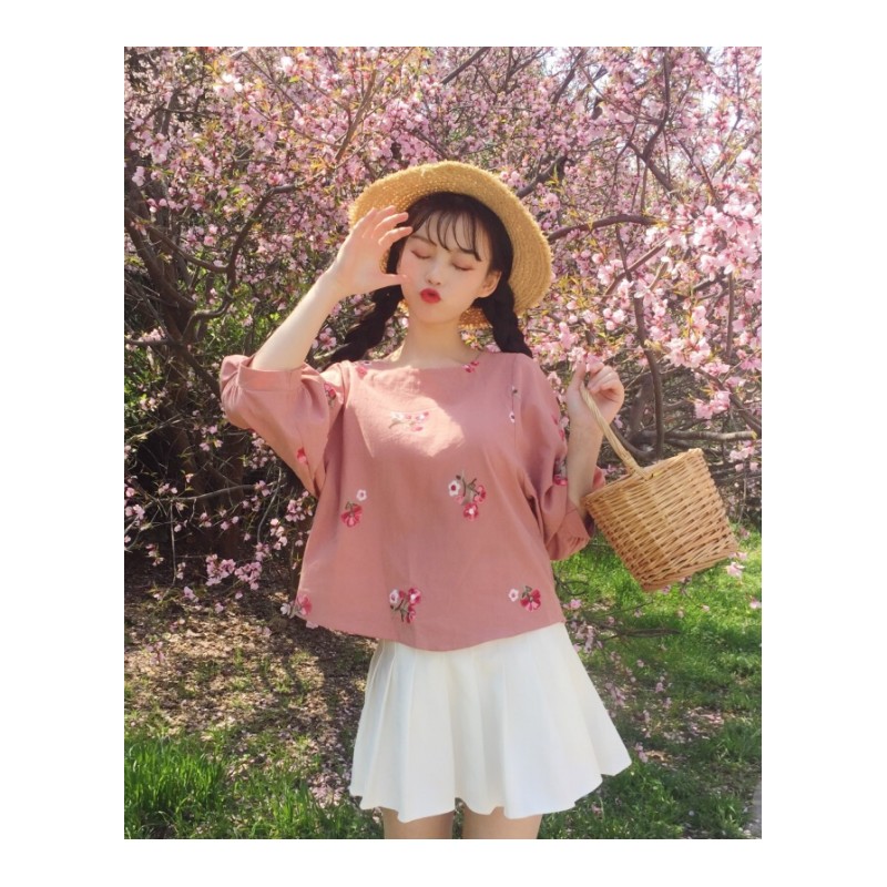 春夏女装韩版小清新花朵刺绣短款宽松棉麻短袖T恤半袖打底衫上衣白色均码