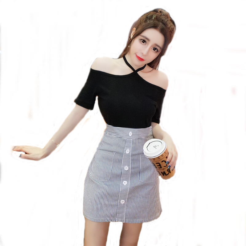 2018夏季时尚新款韩版挂脖小心机T恤+条纹修身包臀裙半身裙两件套