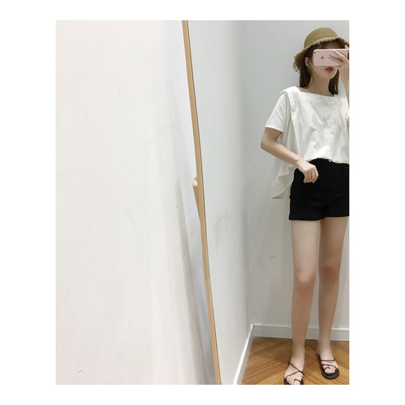 付臭美2018夏装新款韩版系带黑色直筒牛仔短裤女休闲百搭下装裤子黑色