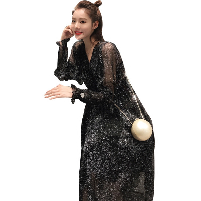 加肥加大码女装2018春装新款遮肚V领连衣裙胖mm显瘦雪纺仙裙200斤黑色