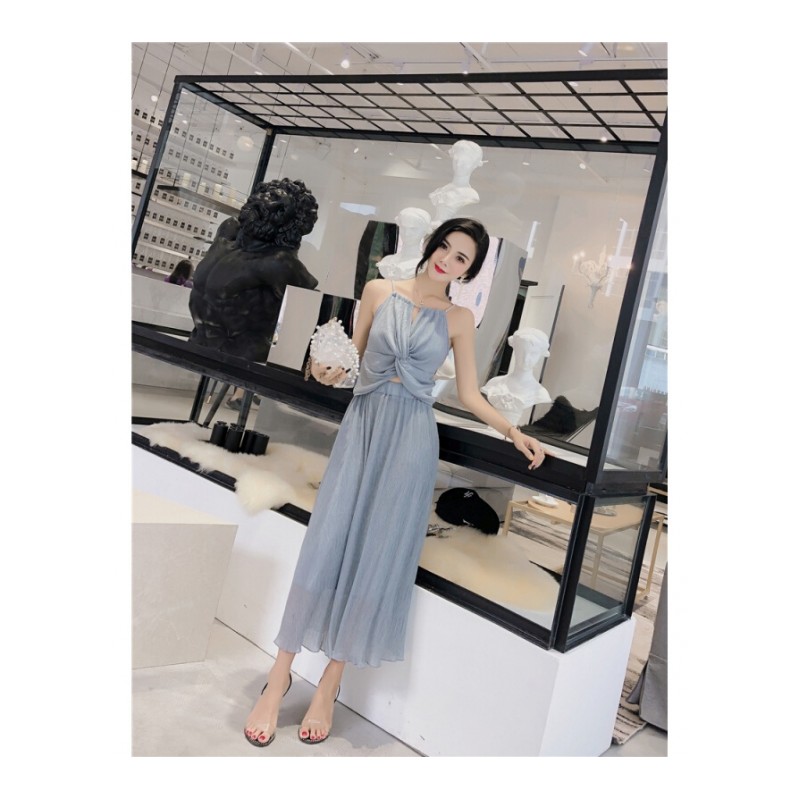2018夏季时尚韩版新款珍珠挂脖带上衣+高腰修身雪纺半身裙套装