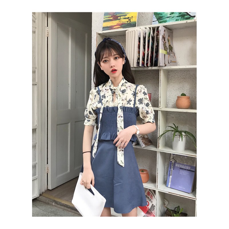 韩版时尚休闲套装夏装女装碎花短袖雪纺衫上衣+带+半身裙三件套