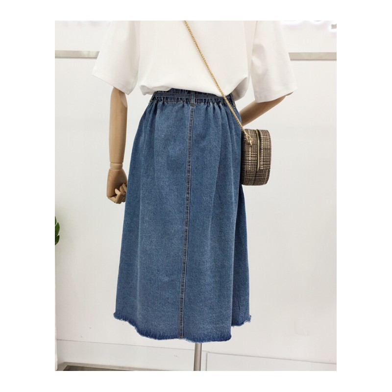 i88胖MM春装加肥加大码中长款微胖显瘦松紧腰牛仔开叉半身裙200斤蓝色