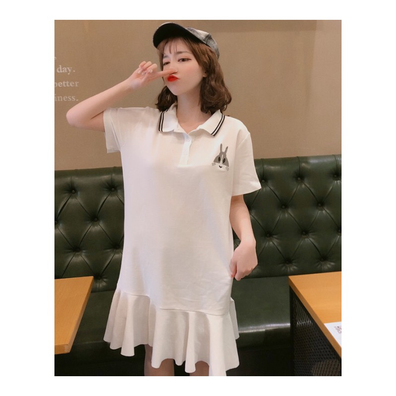 夏装女装韩版宽松显瘦Polo领兔子刺绣中长款短袖连衣裙荷叶边长裙黑色均码