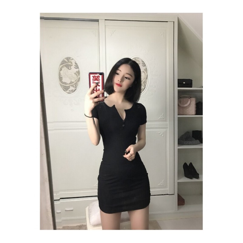 2018韩版时尚气质名媛潮流性感胸前开扣螺纹修身包臀打底连衣裙女灰色均码