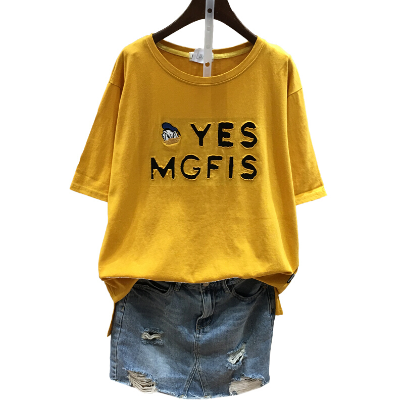 卡通植绒字母水洗棉作旧打底上装学生夏装新2018短袖T恤女士8170黄色均码