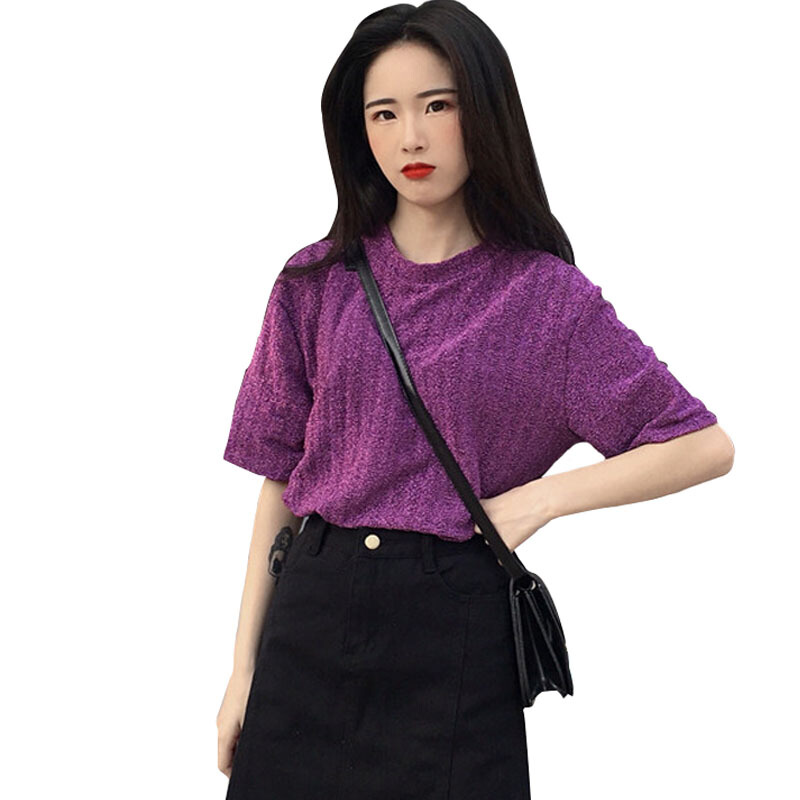 夏装女装韩版宽松显瘦纯色亮金金反光短袖T恤学生休闲百搭上衣潮银色均码