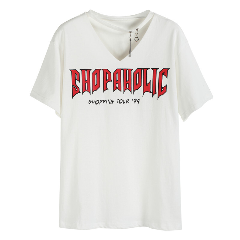 2018春夏新款宽松字母印花T恤女时尚V领挂脖短袖百搭纯色上衣韩版黑色均码