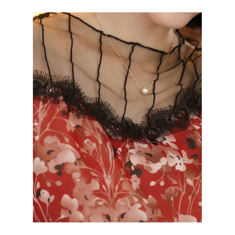 漏肩上衣女花衫性感蕾丝网纱喇叭袖碎花雪纺衫短袖女超仙夏季小衫
