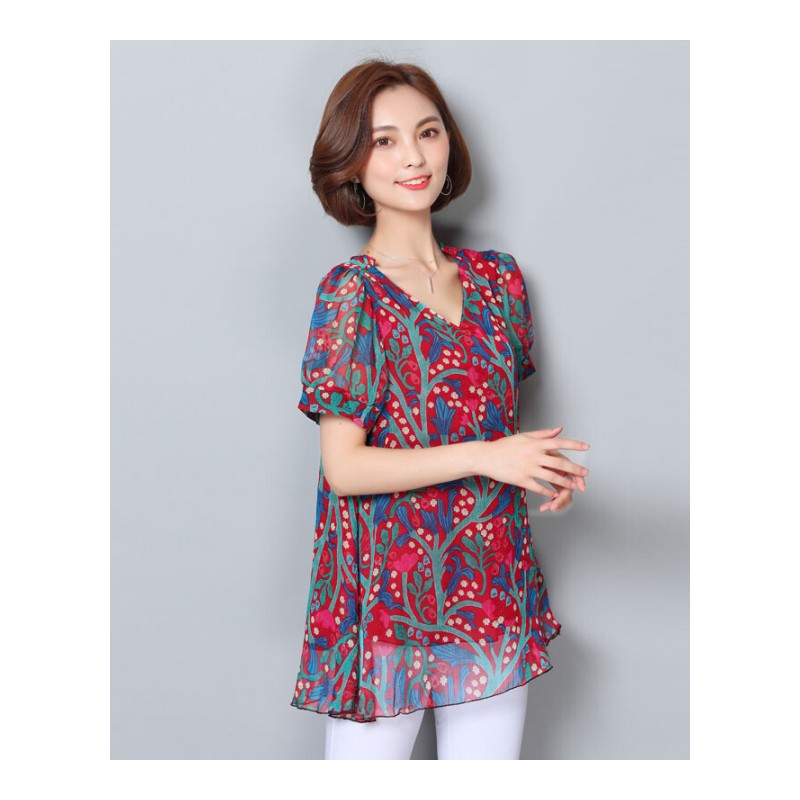 大码女装2018夏季新款韩版印花短袖小衫时尚胖mm加肥中长款雪纺衫