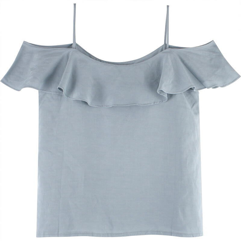 付臭美2018夏装新款韩版带一字肩漏肩衬衫女休闲百搭宽松上衣 蓝色 均码