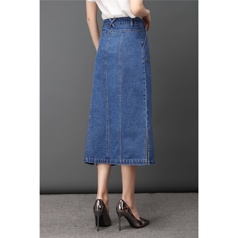 2018夏季新款韩版牛仔裙女半身裙半裙包臀中长款一步裙侧开衩显瘦蓝色